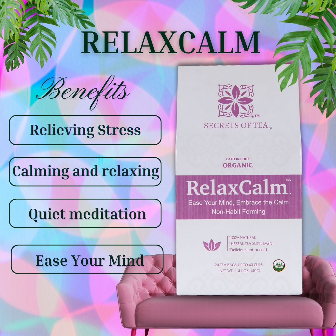A box of RelaxCalm Organic Herbal Tea by Secrets of Tea sits on a pink couch. Text on the box highlights the tea's stress relief, relaxation, and sleep support benefits.