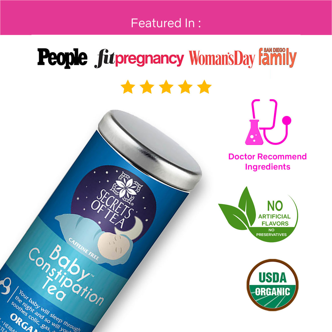 Relief for your little one, naturally brewed and USDA certified. Let our Baby Constipation Relief Tea soothe their tummy troubles with every sip - Secrets Of Tea