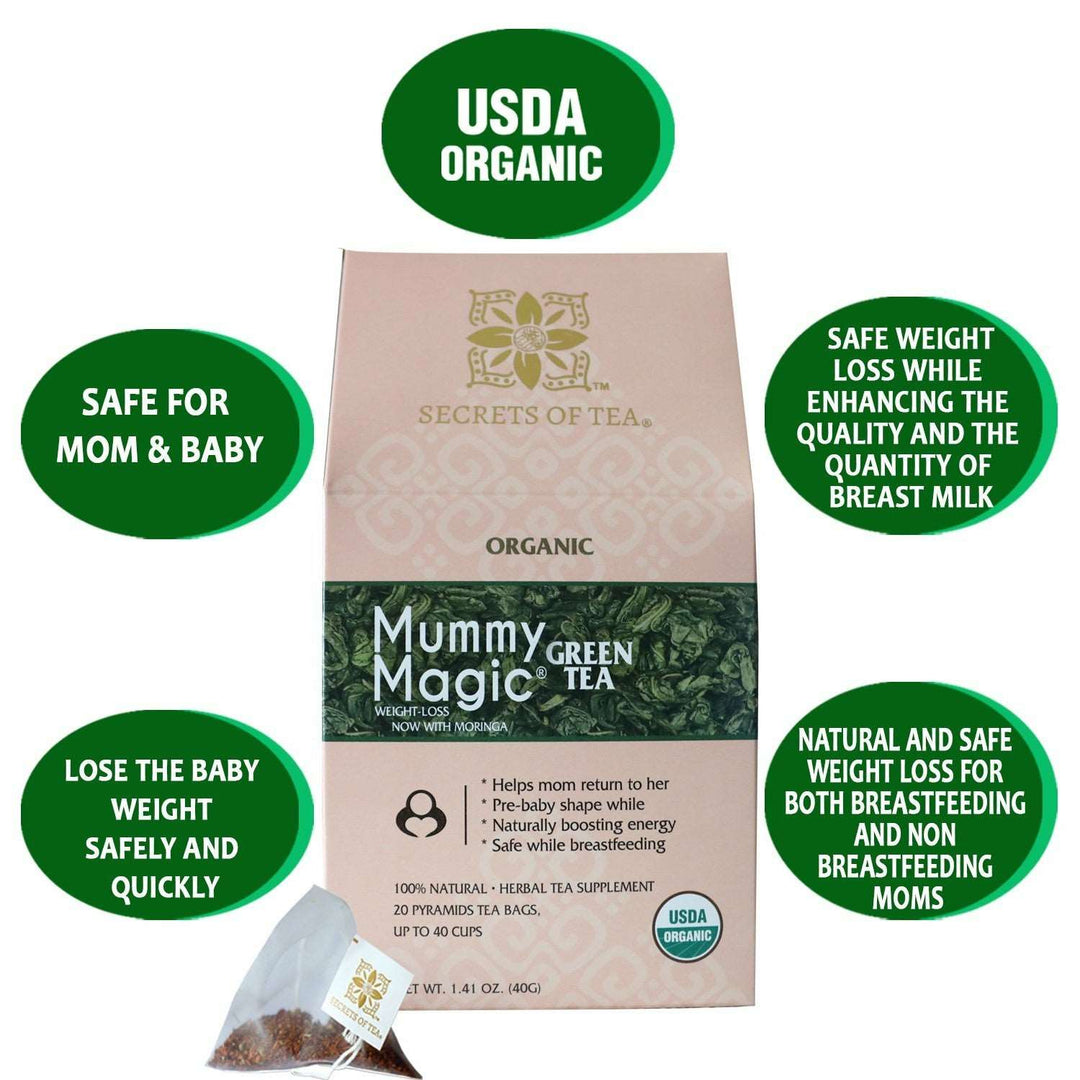 Mummy Magic Weight Loss Green Tea (with Moringa)- 40 Servings- USDA Organic & Caffeine Free - Secrets Of Tea
