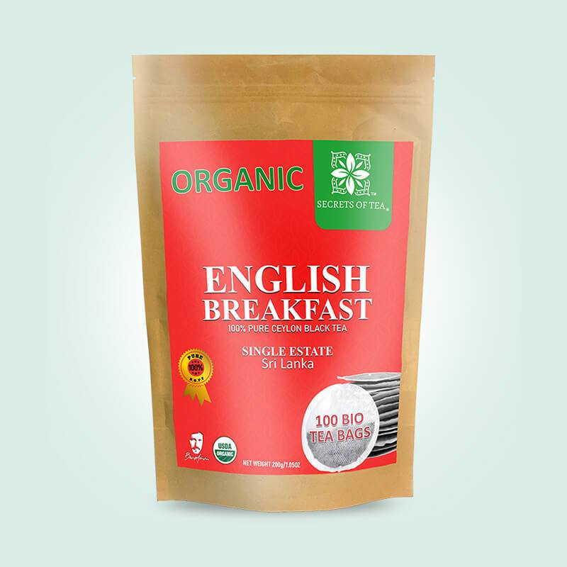 Organic English Breakfast Black Tea - Single Origin High Grade B.O.P.F: 100 Round Bio Tea Bags - Secrets Of Tea