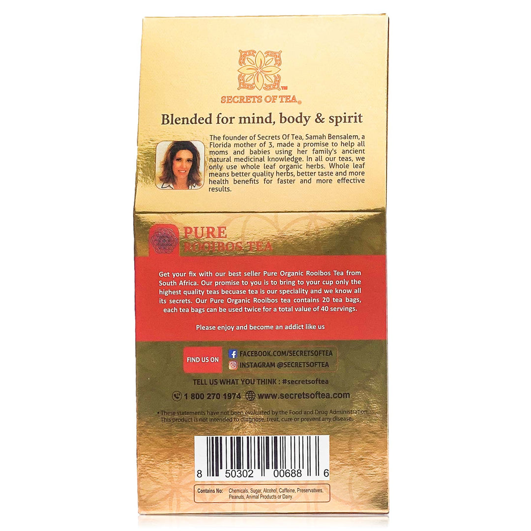 Rooibos Tea- box backside with the photo of samah Bensalem the owner